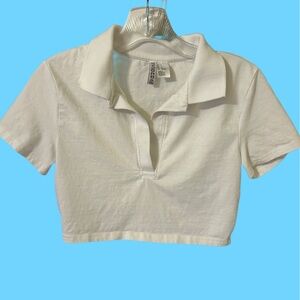 H&M White Short Sleeve Polo Crop Top